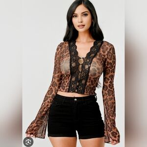 CHIC & STYLISH Leopard Mesh-Black Lace Bell Sleeve Button Down Top